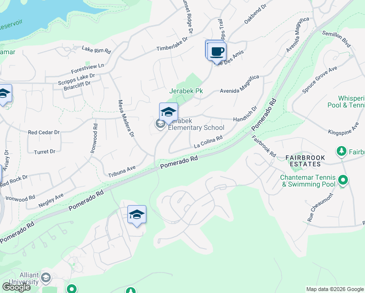 map of restaurants, bars, coffee shops, grocery stores, and more near 11656 La Colina Road in San Diego