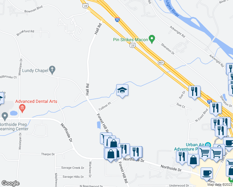 map of restaurants, bars, coffee shops, grocery stores, and more near 880 Tolliver Place in Macon