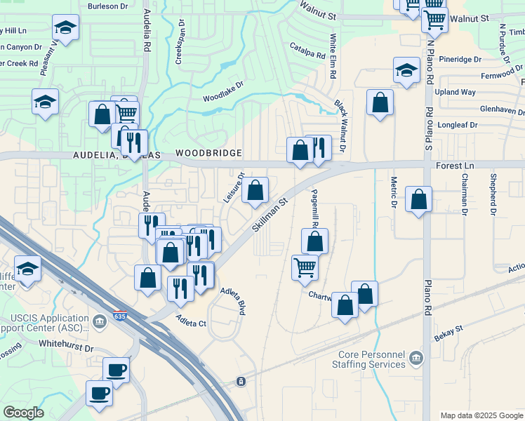 map of restaurants, bars, coffee shops, grocery stores, and more near 9515 Skillman Street in Dallas