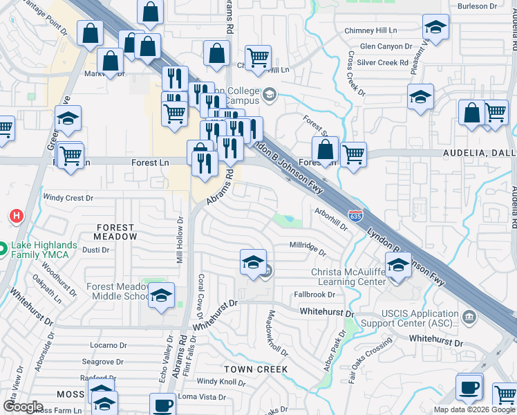 map of restaurants, bars, coffee shops, grocery stores, and more near 9475 Timberleaf Drive in Dallas
