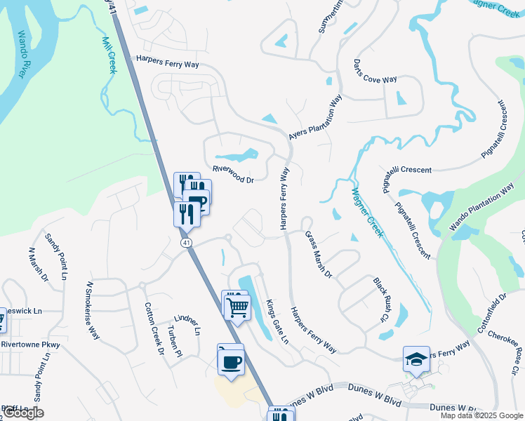 map of restaurants, bars, coffee shops, grocery stores, and more near 160 Fair Sailing Road in Mount Pleasant