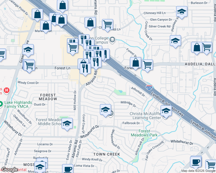 map of restaurants, bars, coffee shops, grocery stores, and more near 28 Forest Springs Drive in Dallas