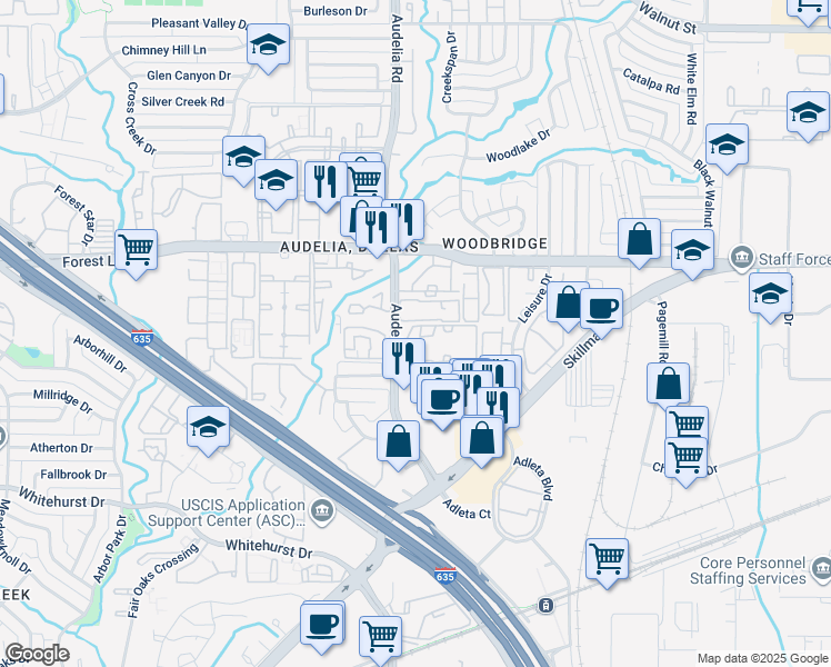 map of restaurants, bars, coffee shops, grocery stores, and more near 11600 Audelia Road in Dallas