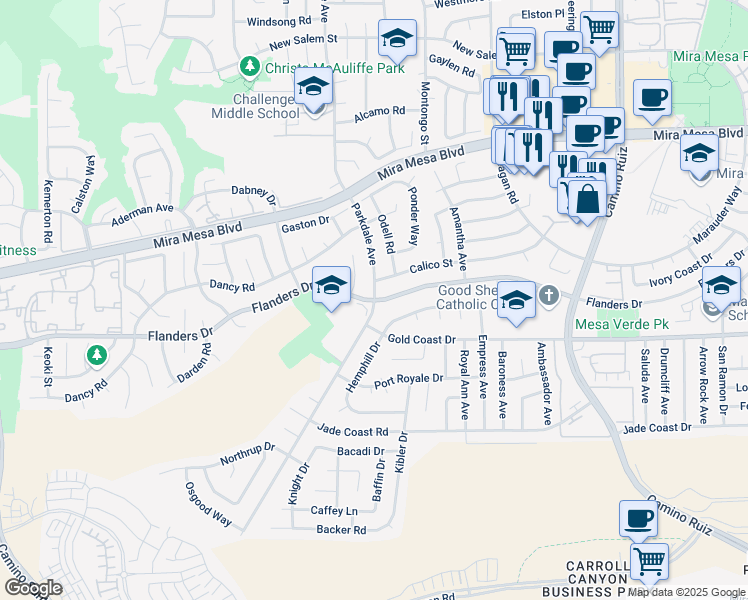 map of restaurants, bars, coffee shops, grocery stores, and more near Flanders Dr & Parkdale Ave in San Diego