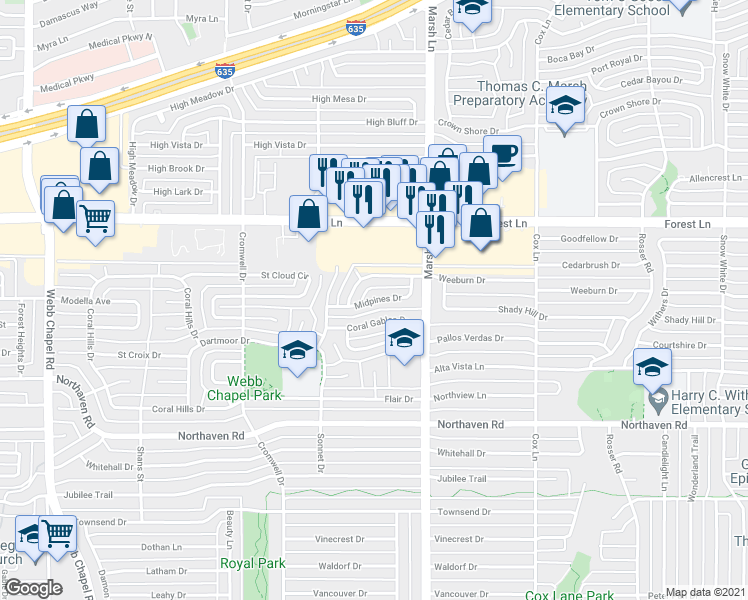 map of restaurants, bars, coffee shops, grocery stores, and more near Midpines Drive in Dallas