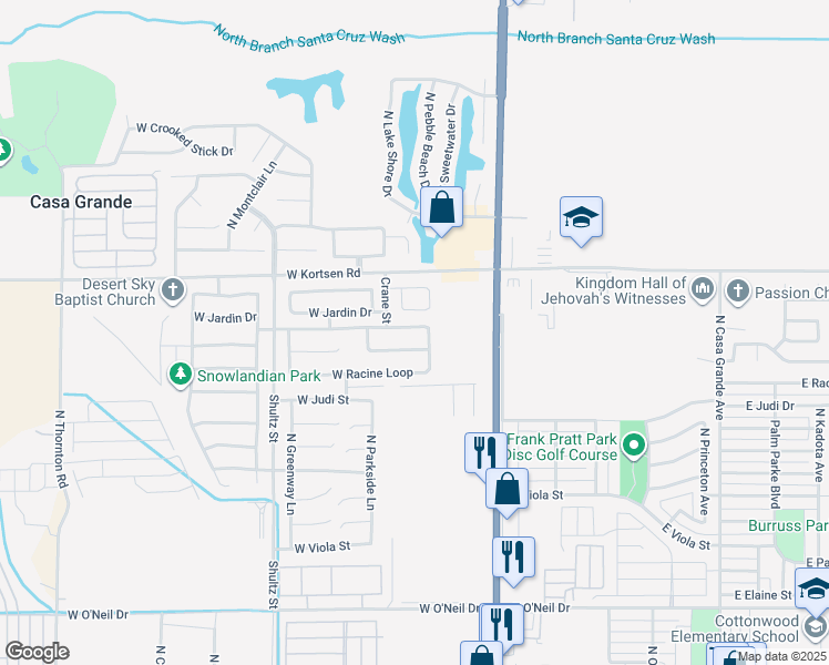 map of restaurants, bars, coffee shops, grocery stores, and more near 525 West Prickly Pear Drive in Casa Grande