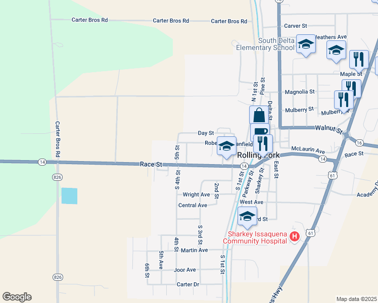 map of restaurants, bars, coffee shops, grocery stores, and more near 68 North 4th Street in Rolling Fork
