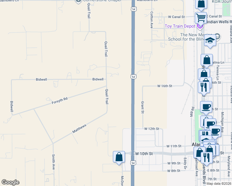 map of restaurants, bars, coffee shops, grocery stores, and more near 89 Quail Trail in Alamogordo