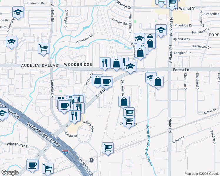map of restaurants, bars, coffee shops, grocery stores, and more near 9644 Skillman Street in Dallas