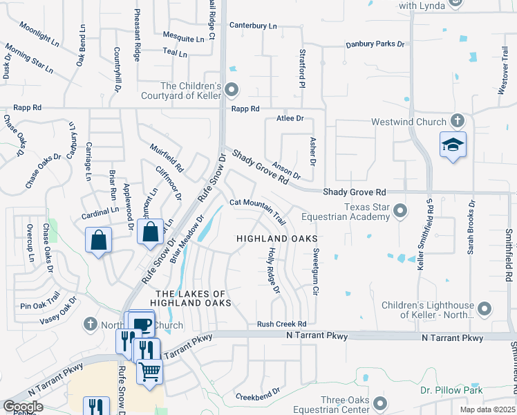 map of restaurants, bars, coffee shops, grocery stores, and more near 1413 Cat Mountain Trail in Keller