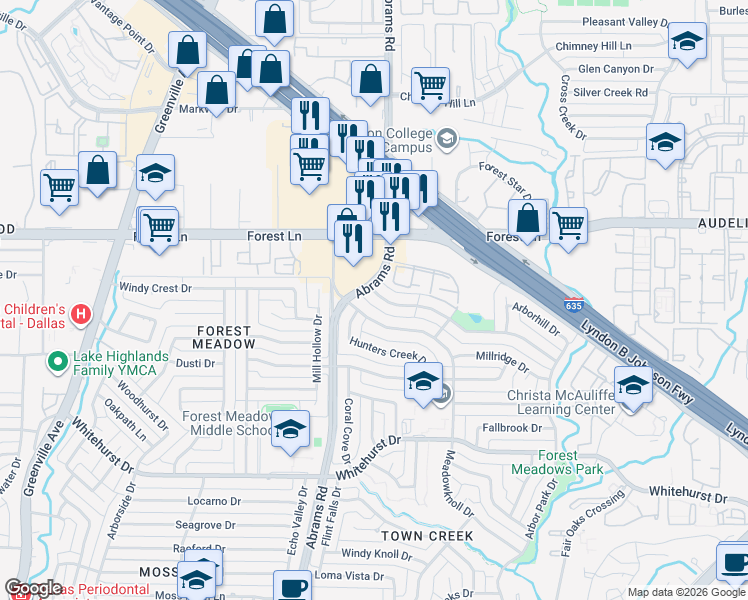 map of restaurants, bars, coffee shops, grocery stores, and more near 9404 Timberleaf Drive in Dallas