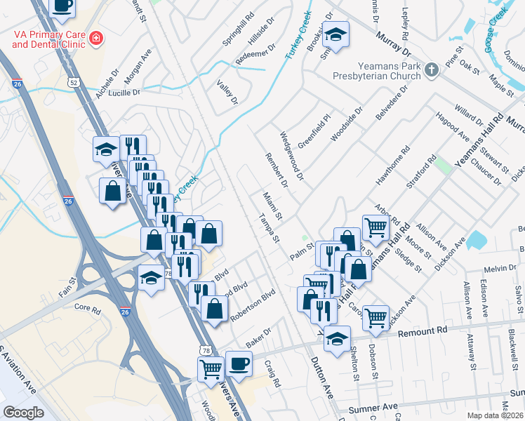map of restaurants, bars, coffee shops, grocery stores, and more near 6020 Tampa Street in Hanahan
