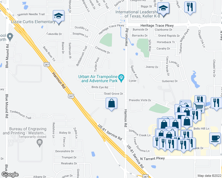 map of restaurants, bars, coffee shops, grocery stores, and more near 1720 Birds Eye Road in Fort Worth