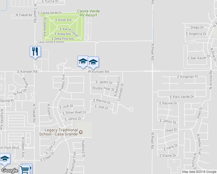 map of restaurants, bars, coffee shops, grocery stores, and more near 1358 Prickly Pear Street in Casa Grande