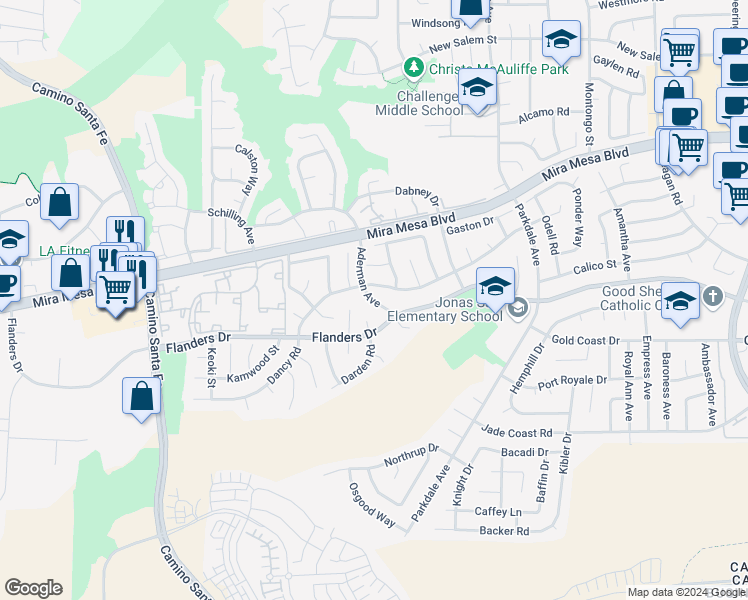 map of restaurants, bars, coffee shops, grocery stores, and more near 7595 Dancy Road in San Diego