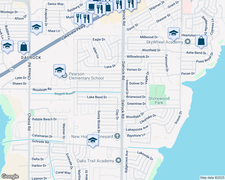 map of restaurants, bars, coffee shops, grocery stores, and more near 8510 Woodside Road in Rowlett