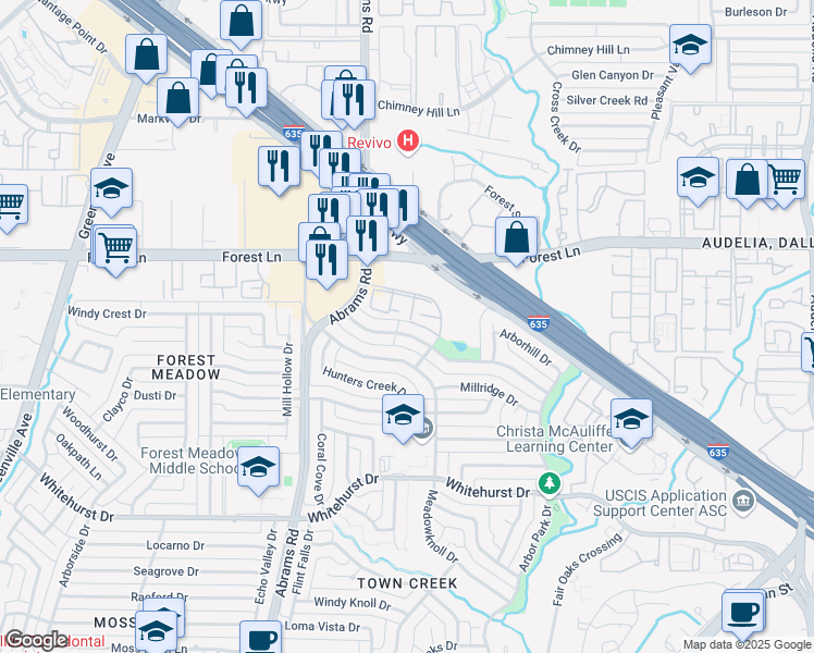 map of restaurants, bars, coffee shops, grocery stores, and more near 28 Forest Springs Drive in Dallas