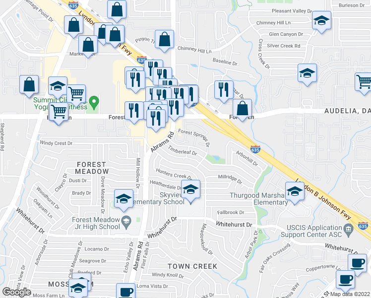 map of restaurants, bars, coffee shops, grocery stores, and more near 9439 Timberleaf Drive in Dallas