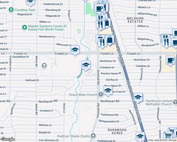 map of restaurants, bars, coffee shops, grocery stores, and more near 11611 Inwood Road in Dallas