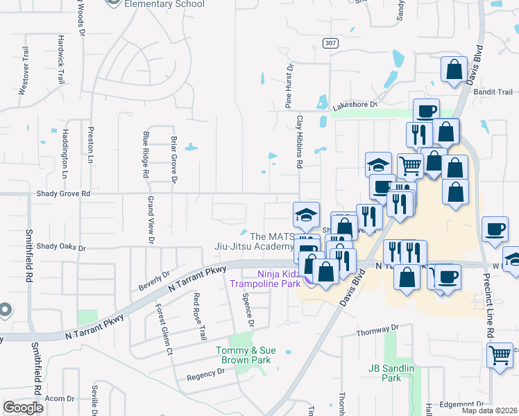 map of restaurants, bars, coffee shops, grocery stores, and more near 8525 Castle Creek Road in North Richland Hills