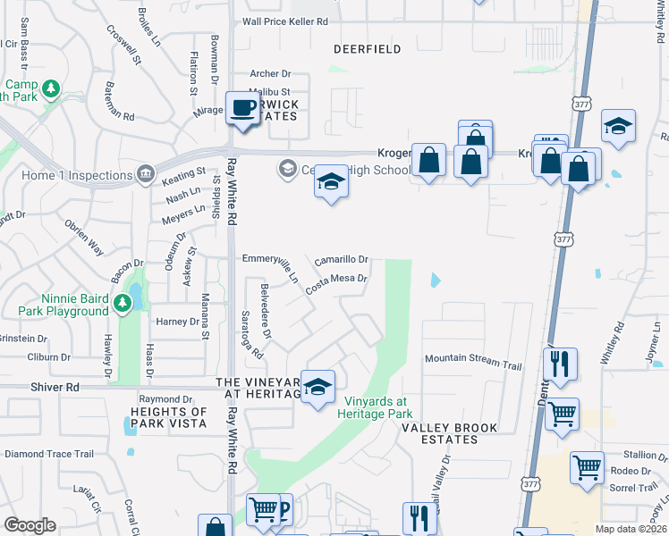 map of restaurants, bars, coffee shops, grocery stores, and more near 5508 Camarillo Drive in Fort Worth