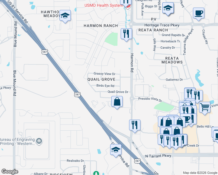 map of restaurants, bars, coffee shops, grocery stores, and more near 1624 Birds Eye Road in Fort Worth