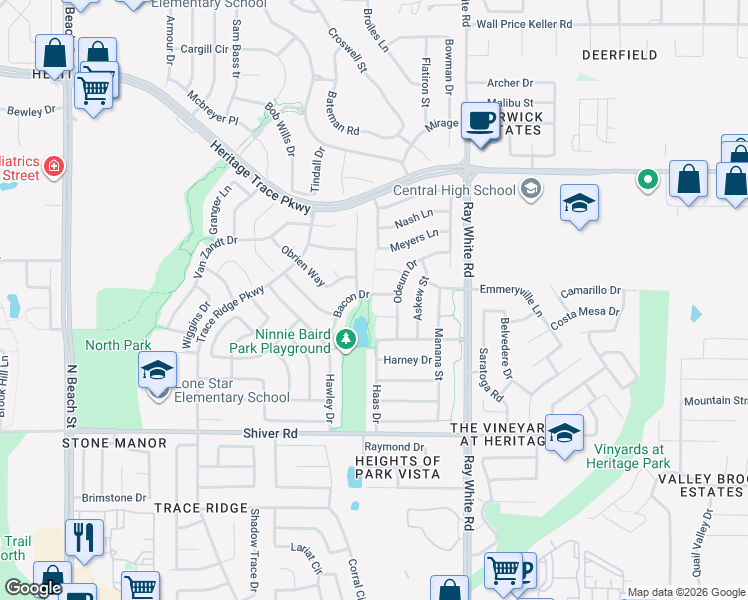 map of restaurants, bars, coffee shops, grocery stores, and more near 5012 Bacon Drive in Fort Worth