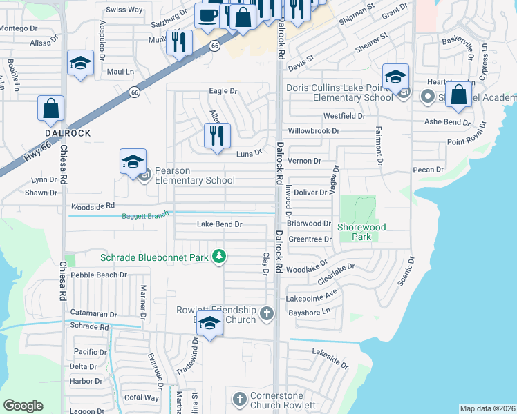 map of restaurants, bars, coffee shops, grocery stores, and more near 8510 Woodside Road in Rowlett