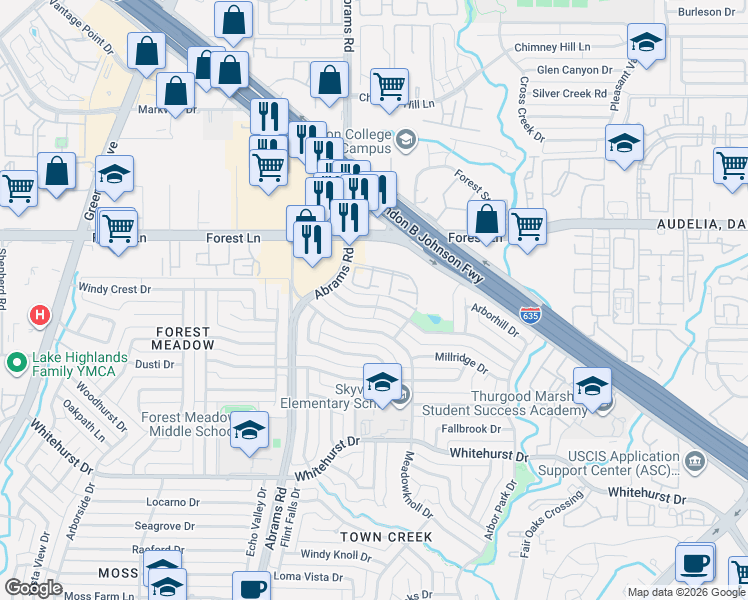 map of restaurants, bars, coffee shops, grocery stores, and more near 9461 Timberleaf Drive in Dallas