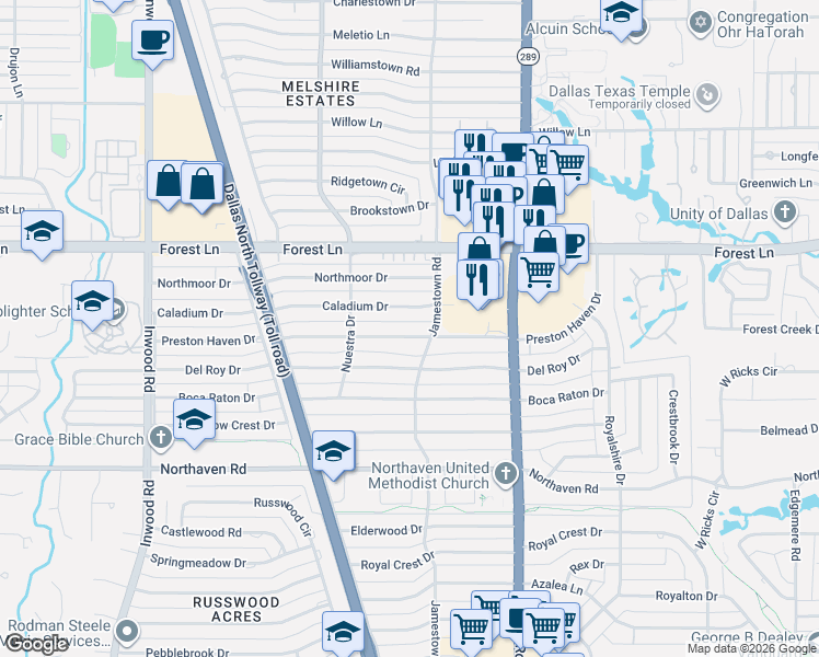 map of restaurants, bars, coffee shops, grocery stores, and more near 5749 Preston Haven Drive in Dallas