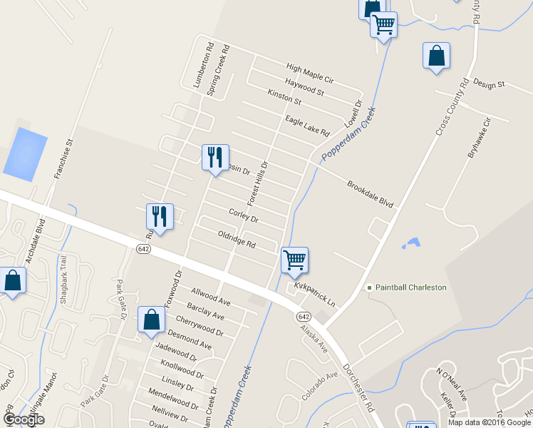 map of restaurants, bars, coffee shops, grocery stores, and more near 7639 Suzanne Dr in North Charleston