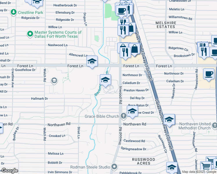 map of restaurants, bars, coffee shops, grocery stores, and more near 11611 Inwood Road in Dallas