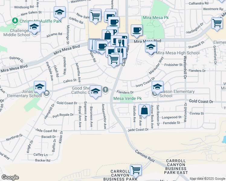 map of restaurants, bars, coffee shops, grocery stores, and more near Camino Ruiz & Flanders Drive in San Diego