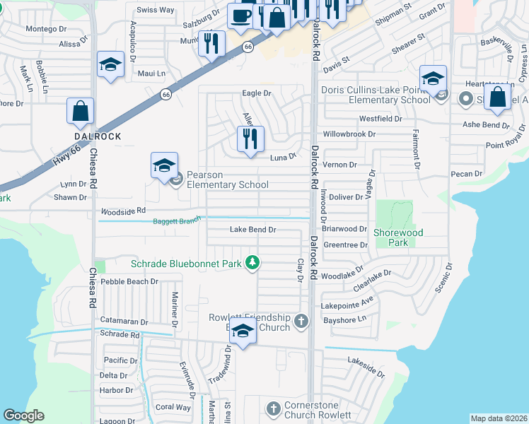 map of restaurants, bars, coffee shops, grocery stores, and more near 8342 Woodside Road in Rowlett