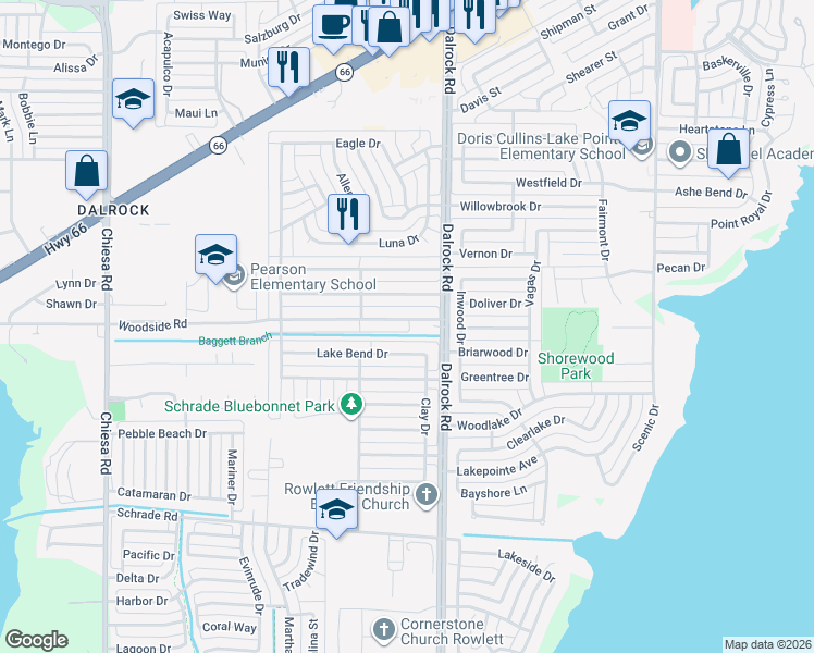 map of restaurants, bars, coffee shops, grocery stores, and more near 8510 Woodside Road in Rowlett