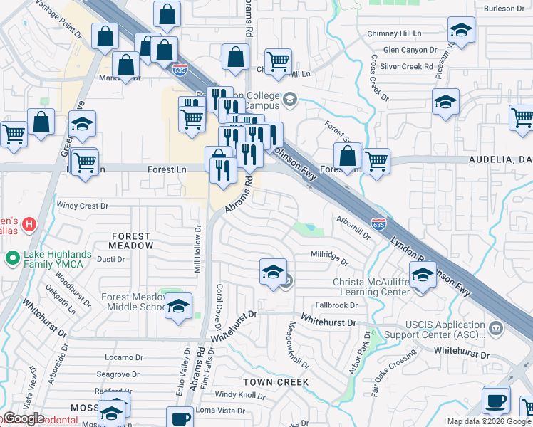 map of restaurants, bars, coffee shops, grocery stores, and more near 9439 Timberleaf Drive in Dallas