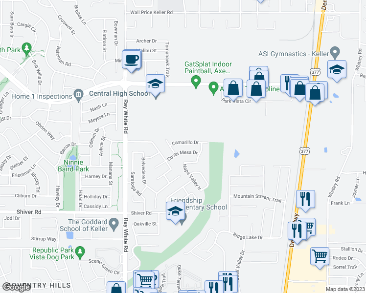 map of restaurants, bars, coffee shops, grocery stores, and more near 5508 Camarillo Drive in Fort Worth