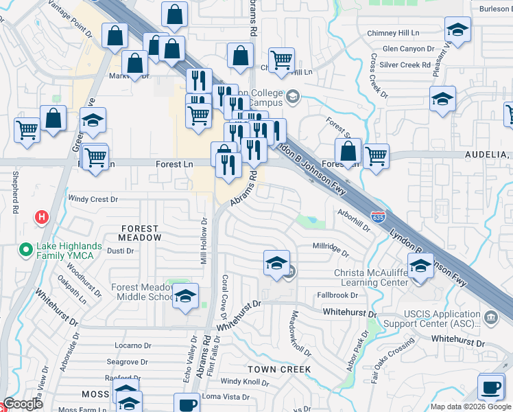 map of restaurants, bars, coffee shops, grocery stores, and more near 9433 Timberleaf Drive in Dallas