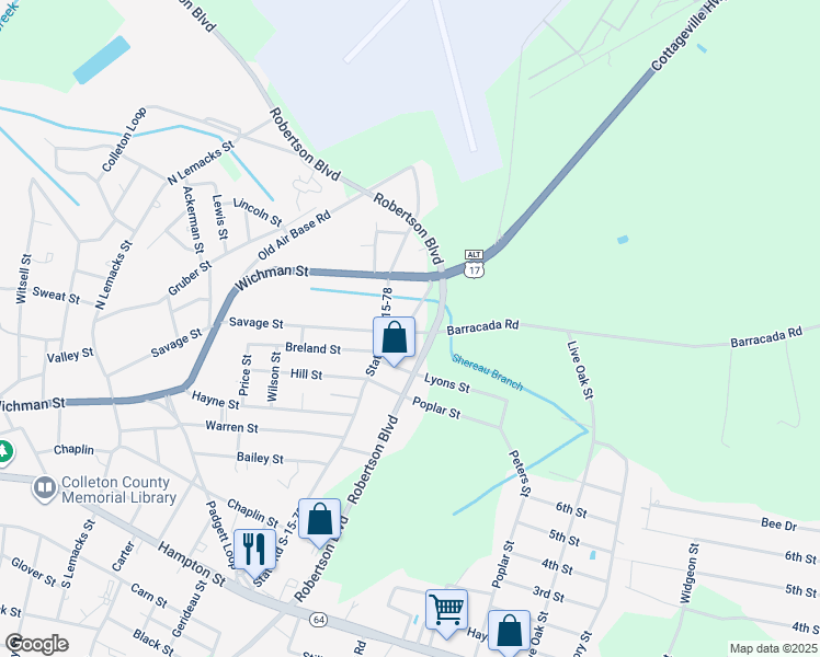 map of restaurants, bars, coffee shops, grocery stores, and more near 557 Barracada Road in Walterboro