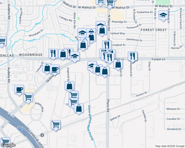 map of restaurants, bars, coffee shops, grocery stores, and more near 10503 Metric Drive in Dallas