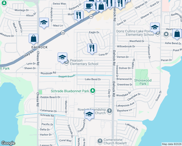 map of restaurants, bars, coffee shops, grocery stores, and more near 8214 Woodside Road in Rowlett