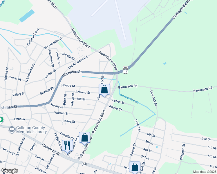 map of restaurants, bars, coffee shops, grocery stores, and more near 557 Barracada Road in Walterboro