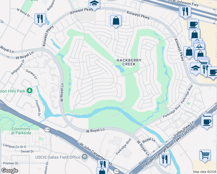 map of restaurants, bars, coffee shops, grocery stores, and more near 2217 Clearspring Drive North in Irving