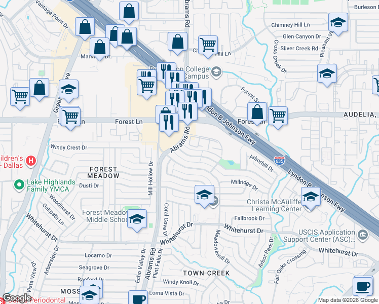 map of restaurants, bars, coffee shops, grocery stores, and more near 9439 Timberleaf Drive in Dallas