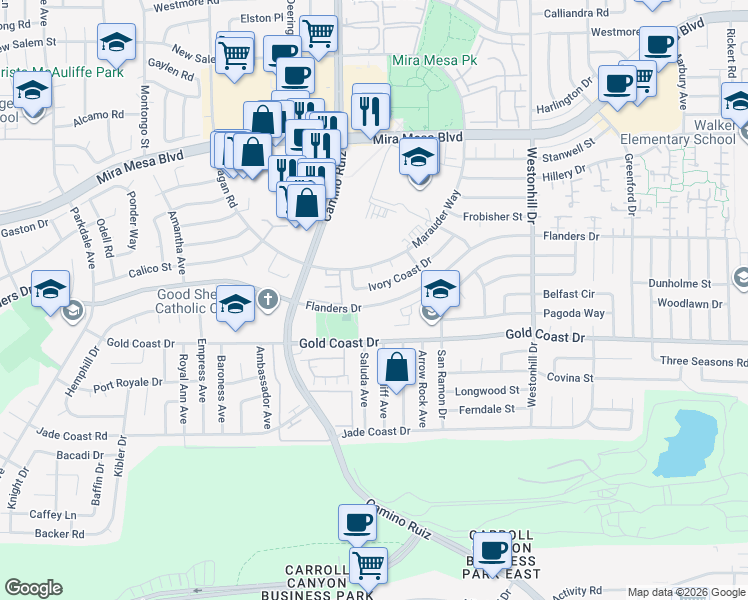 map of restaurants, bars, coffee shops, grocery stores, and more near 8412 Flanders Drive in San Diego
