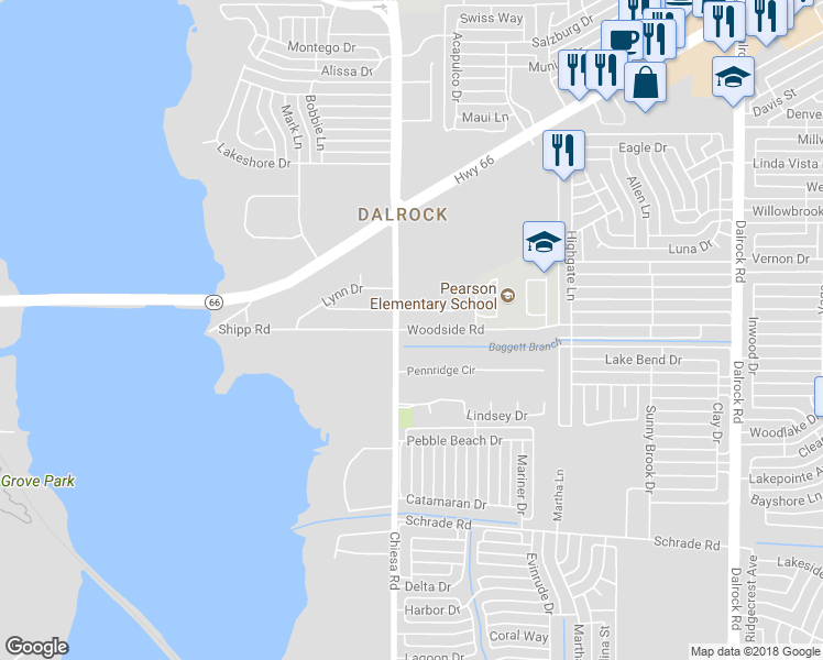 map of restaurants, bars, coffee shops, grocery stores, and more near 7084 Woodside Road in Rowlett