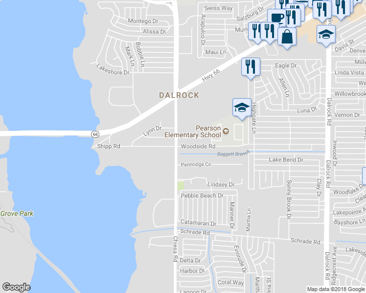 map of restaurants, bars, coffee shops, grocery stores, and more near 6500 Woodside Road in Rowlett