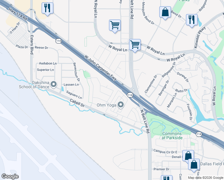 map of restaurants, bars, coffee shops, grocery stores, and more near 3836 Roosevelt Drive in Irving