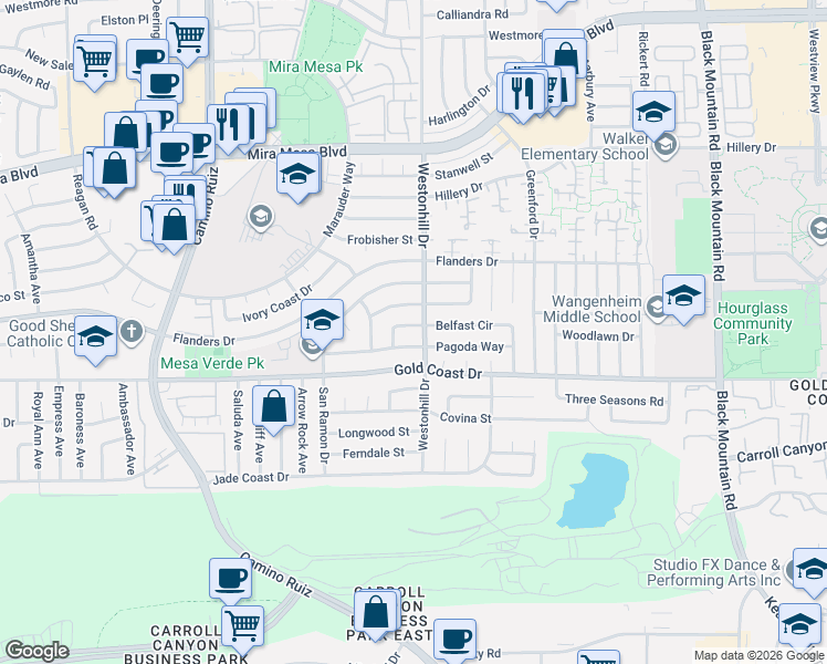 map of restaurants, bars, coffee shops, grocery stores, and more near 8695 Belfast Circle in San Diego