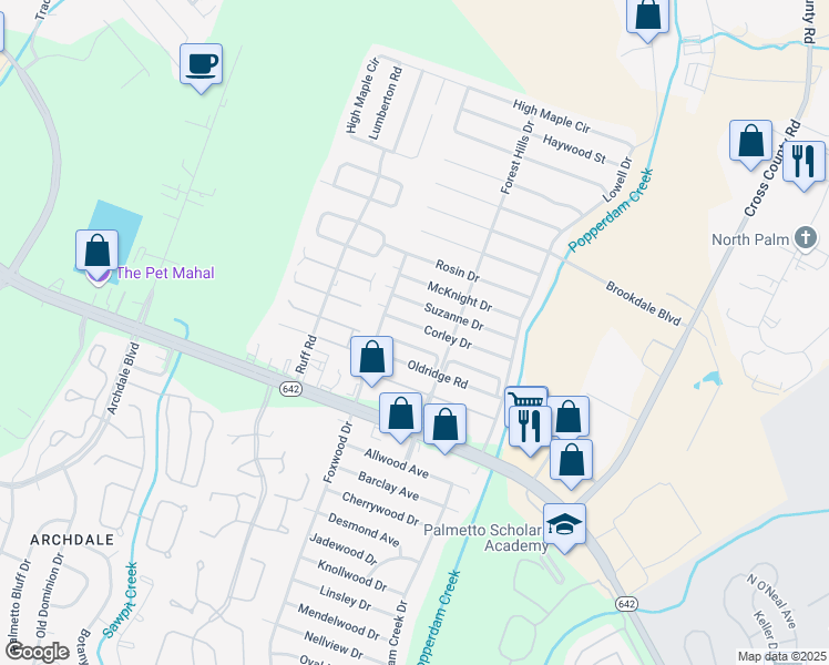 map of restaurants, bars, coffee shops, grocery stores, and more near 7753 Corley Drive in North Charleston